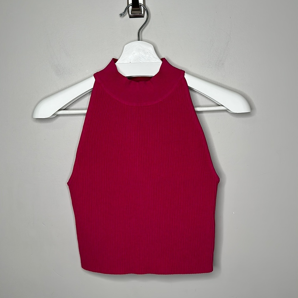 Aritzia Babaton Hot Pink Sculpt Knit Mockneck Halter Crop Top